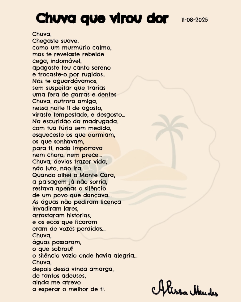 Poema 'Chuva que Virou Dor' de Alissa Mendes